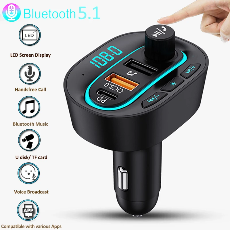 Автомобильный Bluetooth 5.1 FM-передатчик Беспроводной аудиоприемник Автомобильный MP3-плеер 66 Вт PD Быстрое зарядное устройство Рассеянный свет многоточечное зарядное устройство