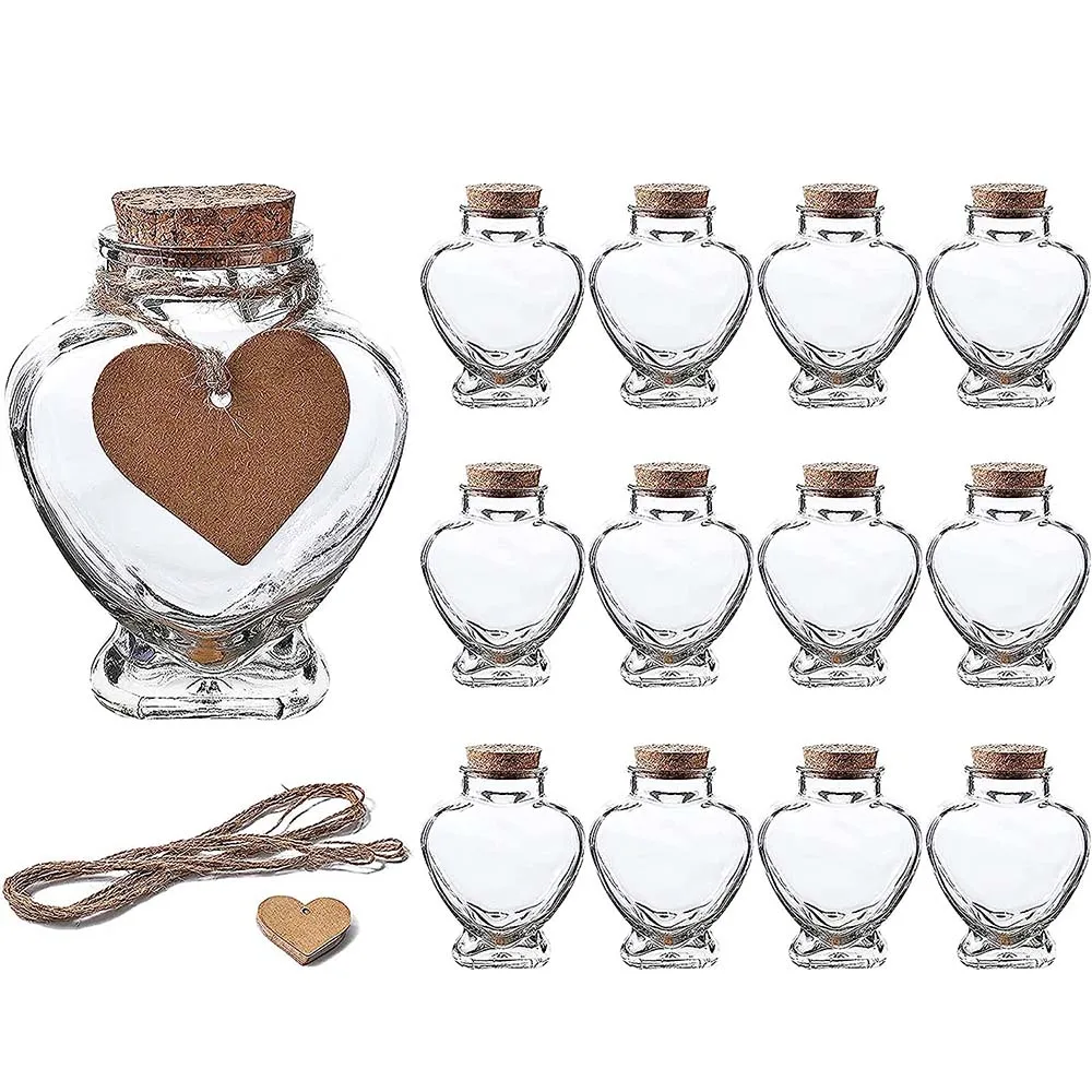Стеклянные банки для подарков в форме сердца с пробковыми крышками Стеклянные бутылки для пожеланий с этикетками в форме сердца и бечевкой