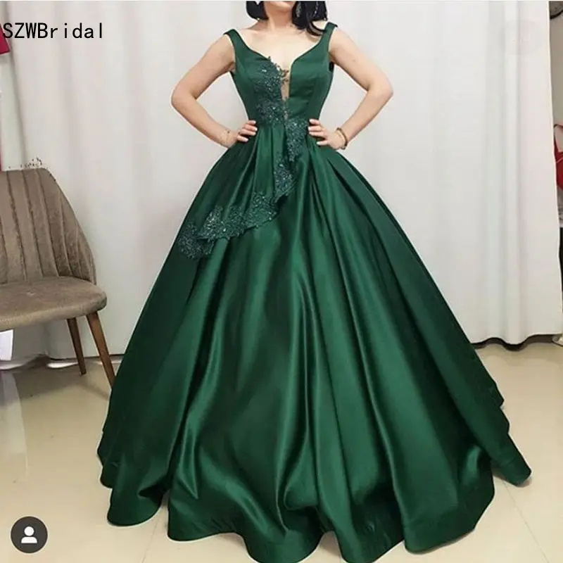 Новое поступление, атласное зеленое бальное платье, вечерние платья, кружевные аппликации, без спинки, Дешевые вечерние платья для женщин Vestidos de fiesta