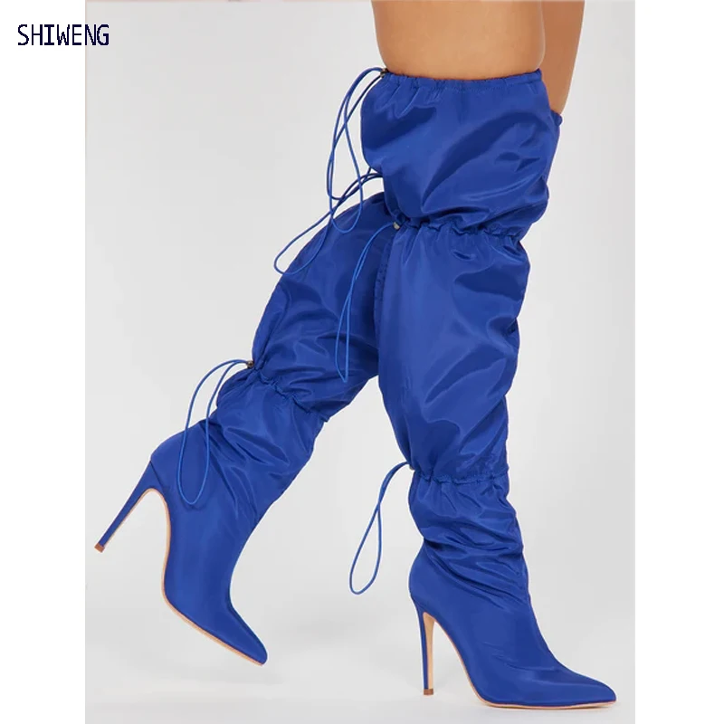 2023 Новые женские сапоги выше колена на шнуровке, пикантные осенние женские туфли на высоком каблуке с эластичной лентой, Женские Длинные сапоги, Размер 44