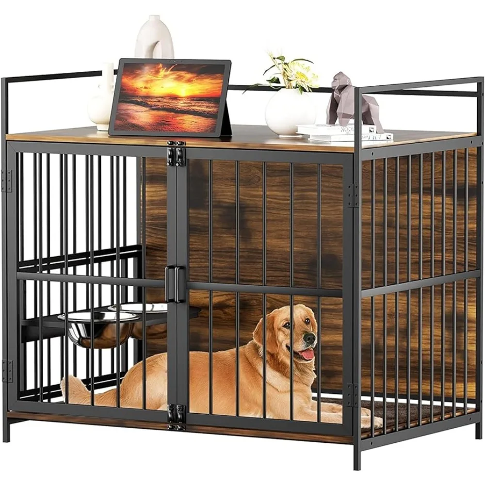 Мебельный стиль, большой ящик для собак с 360 ° и регулируемой приподнятой кормушкой для собак с 2 мисками из нержавеющей стали, бесплатная доставка для домашних животных