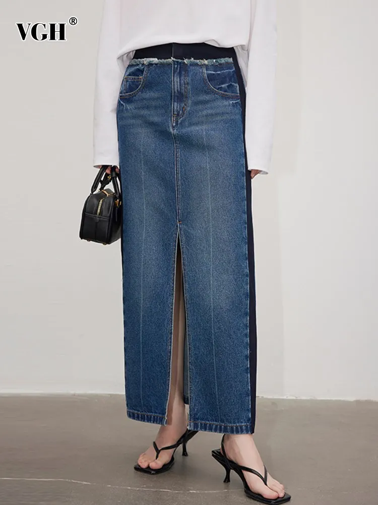 Джинсовая юбка в стиле пэчворк с карманами хитового цвета VGH для женщин, минималистичные длинные юбки с высокой талией и разрезом на молнии, новинка женской моды