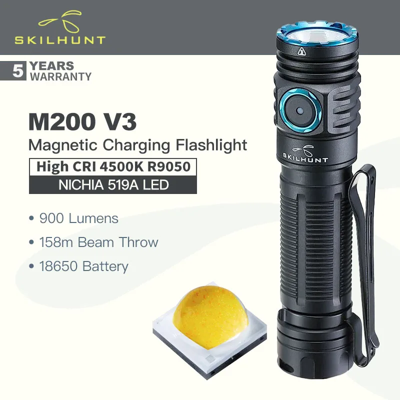Skilhunt M200 V3 (версия с высоким CRI, 4500K, R9080) Перезаряжаемый портативный фонарик, NICHIA 519A LED 900 люмен, аккумулятор 18650