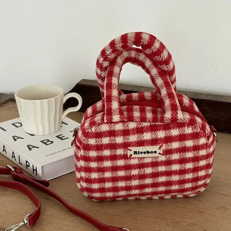 Xiuya Винтажная милая женская сумка в красную клетку с надписью, мягкая сумка через плечо Kawaii, осень-зима, Новая роскошная дизайнерская сумка через плечо