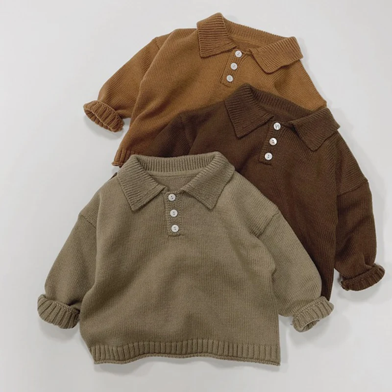 Новые детские свитера Осень-зима, вязаная одежда для мальчиков и девочек, длинный рукав с лацканами, однотонная детская вязаная одежда Осень-зима