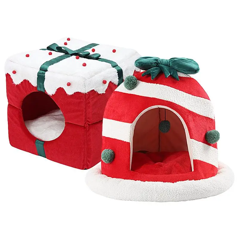 Рождественский кошачий домик, Полузакрытая палатка для кошек с комфортом глубокого сна, Моющиеся палатки для домашних животных, домики-кровати, Уютное пещерное гнездышко в помещении, Рождественские подарки