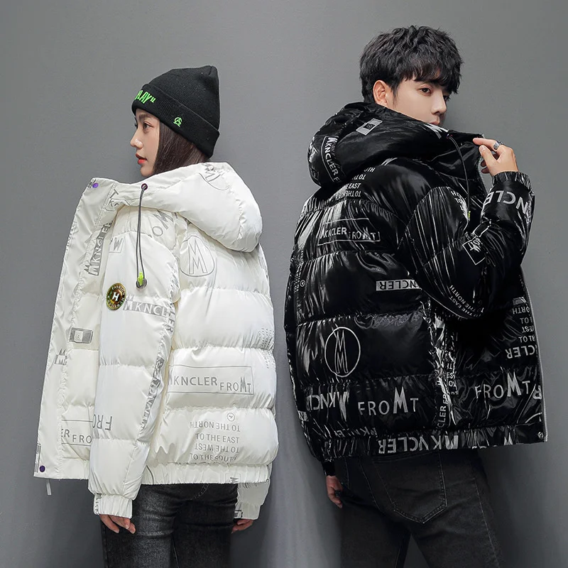 Мужская осенне-зимняя куртка с буквенным принтом на белом утином пуху, короткая версия, корейский модный тренд, молодежный, студенческий, с капюшоном