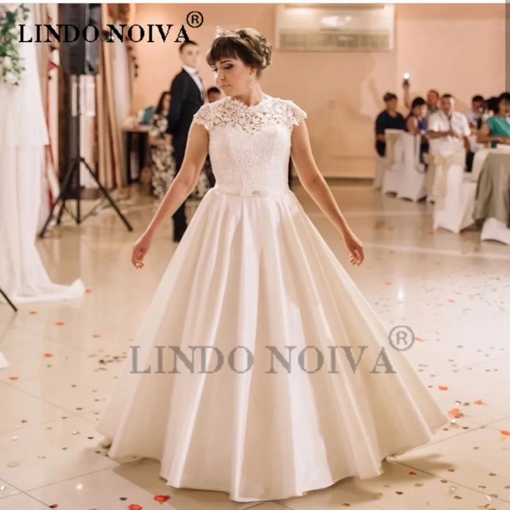 Женское свадебное платье трапециевидной формы без рукавов LINDO с высоким воротом, атласное Элегантное свадебное платье длиной до пола, vestido de noiva