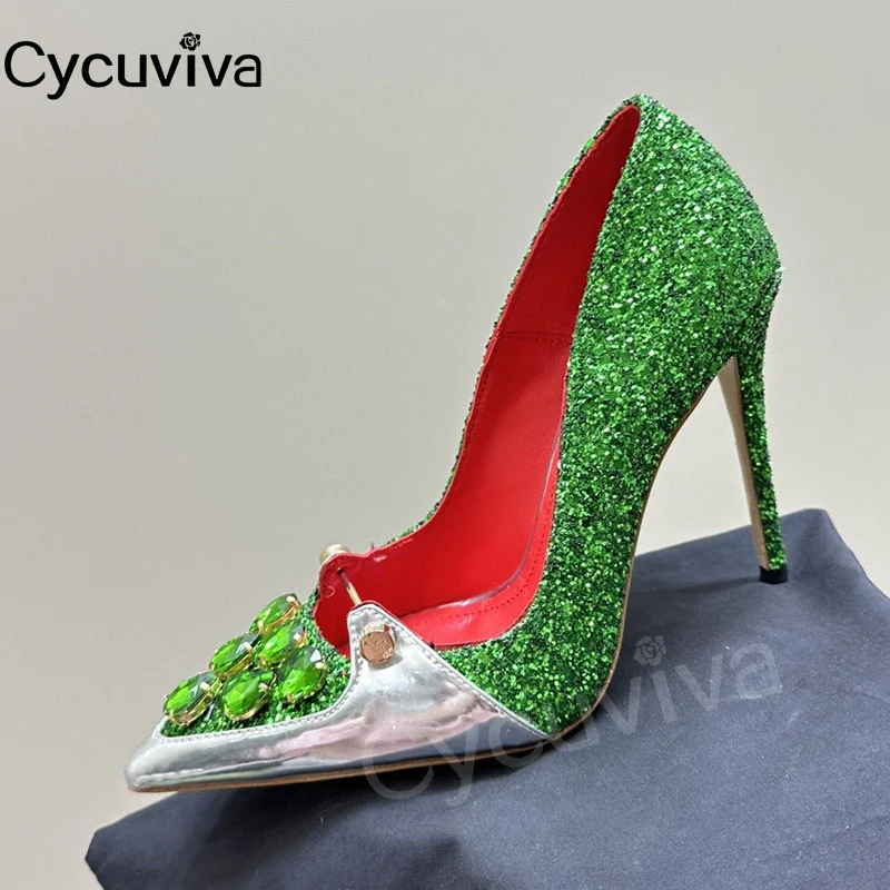 Женские Туфли-лодочки на высоком каблуке с блестящими кристаллами, вечерние туфли с острым носком, женские атласные женские босоножки для банкета со стразами,