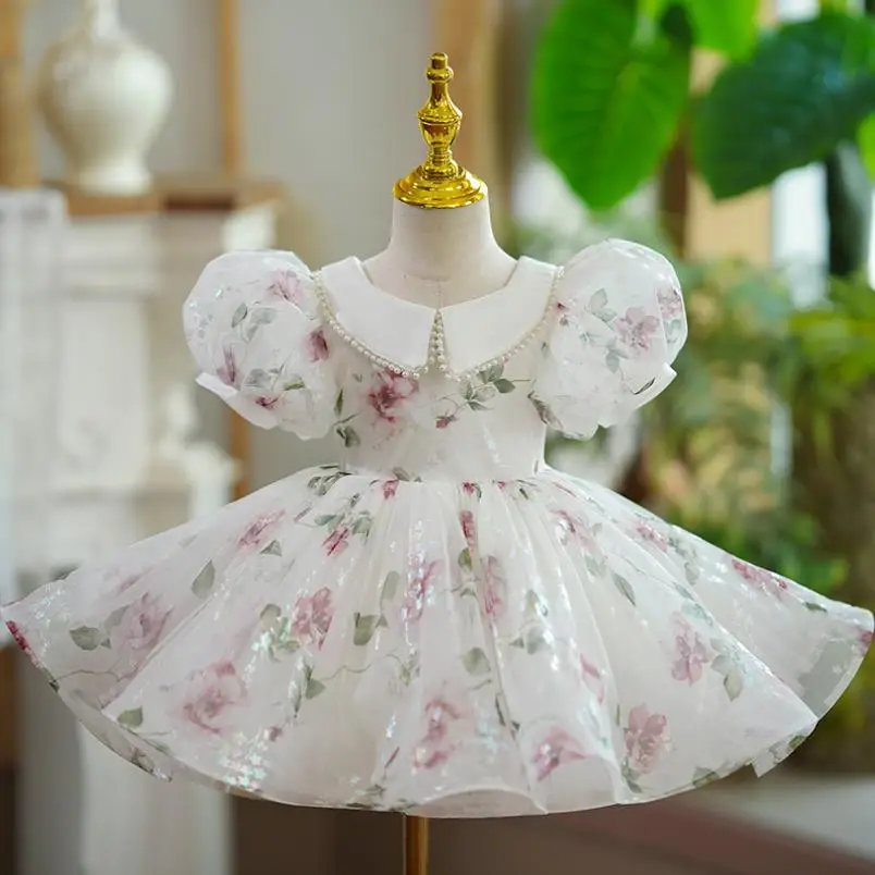 Высококачественное детское вечернее платье принцессы с жемчугом, цветочный дизайн, День рождения, Крещение, Пасхальные праздничные платья для девочек A2560