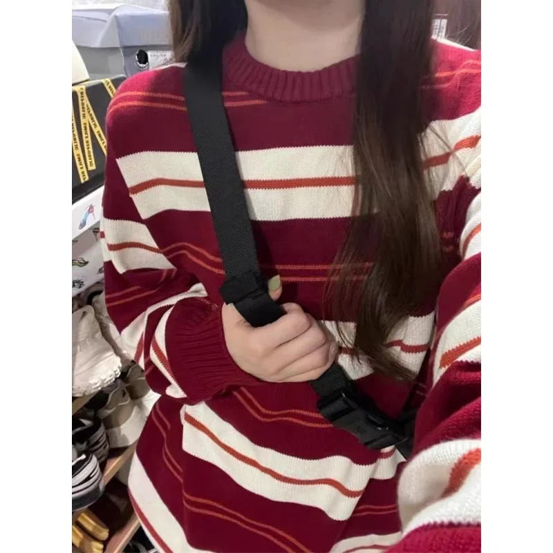 Японский цветной контрастный полосатый свитер, пуловер 2023 с круглым вырезом и длинным рукавом, повседневный женский свободный винтажный вязаный свитер, пуловер женский