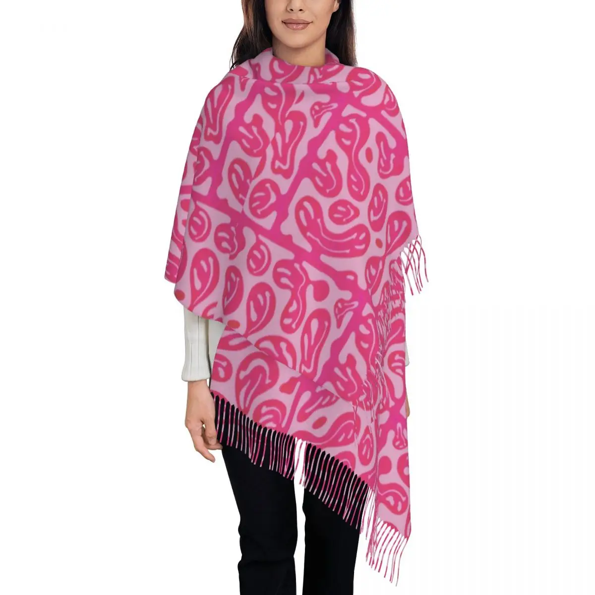 Ярко-розовый шарф с расплавленной улыбкой для женщин, зимняя осенняя шаль, психоделические длинные большие шарфы с кисточками для вечернего платья
