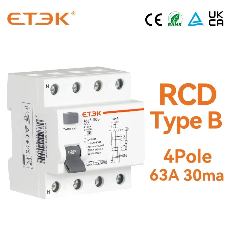 ETEK УЗО Автоматические Выключатели Утечки на Землю RCCB Тип B Evse 4P 4 пОлюса переменного тока 63a 30ma 10KA Din-рейка 220V EKL6-100B