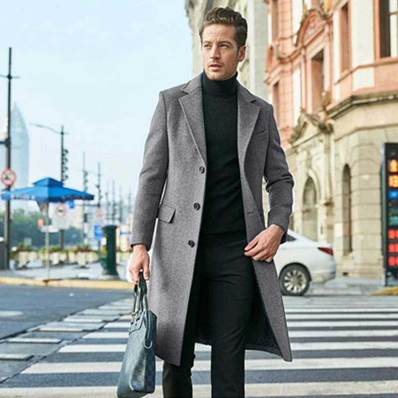 Осенне-зимние модные мужские шерстяные пальто, однотонное длинное пальто с однобортным отворотом, куртка, повседневное пальто, большие размеры