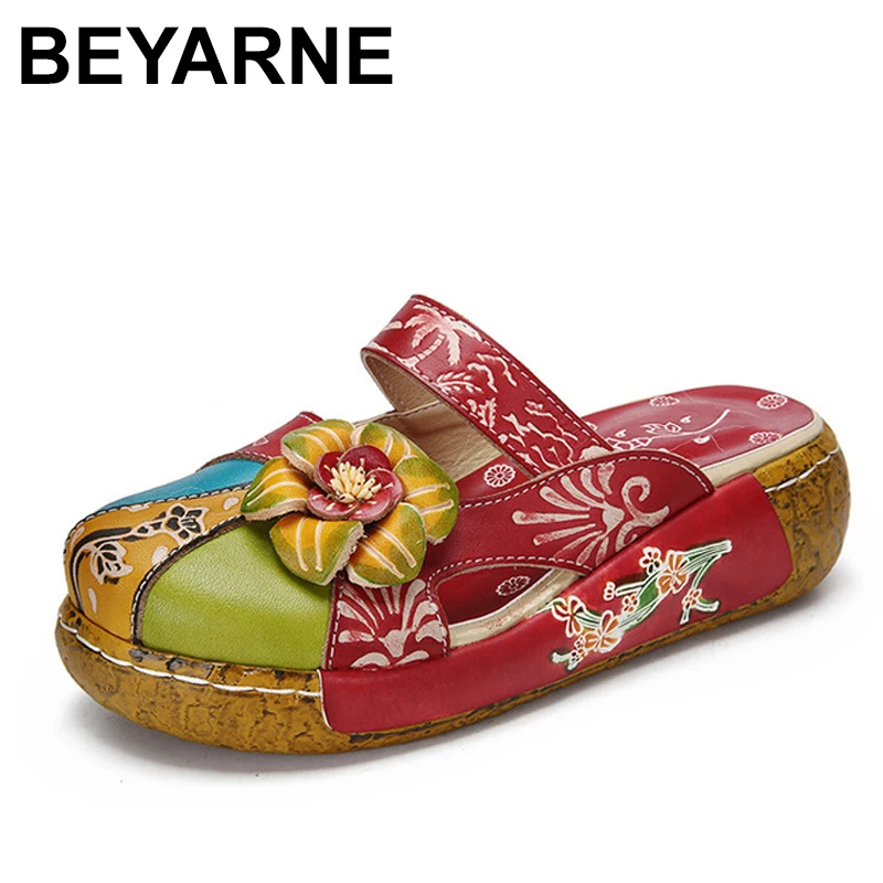 Летние босоножки BEYARNE, обувь из натуральной кожи, женские босоножки на платформе на толстом каблуке, женские тапочки, этнические сандалии