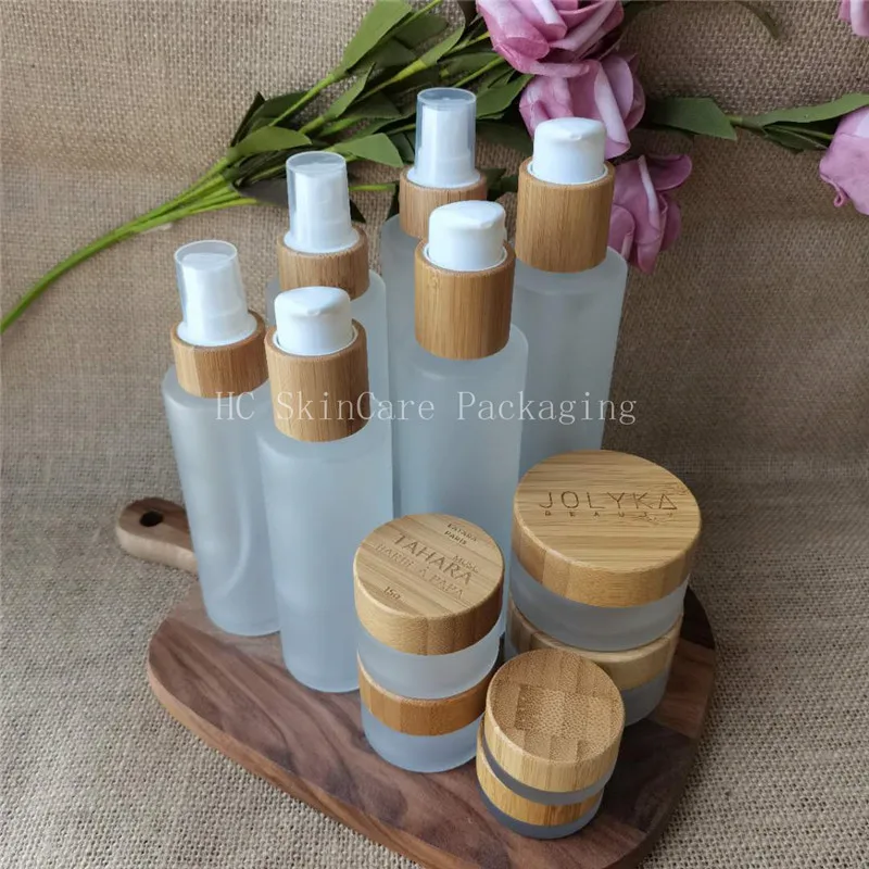 Оптовая продажа Стеклянной упаковки для экологически чистой косметики Bamboo Cap для баночек косметического крема и лосьона для тела с логотипом на крышке