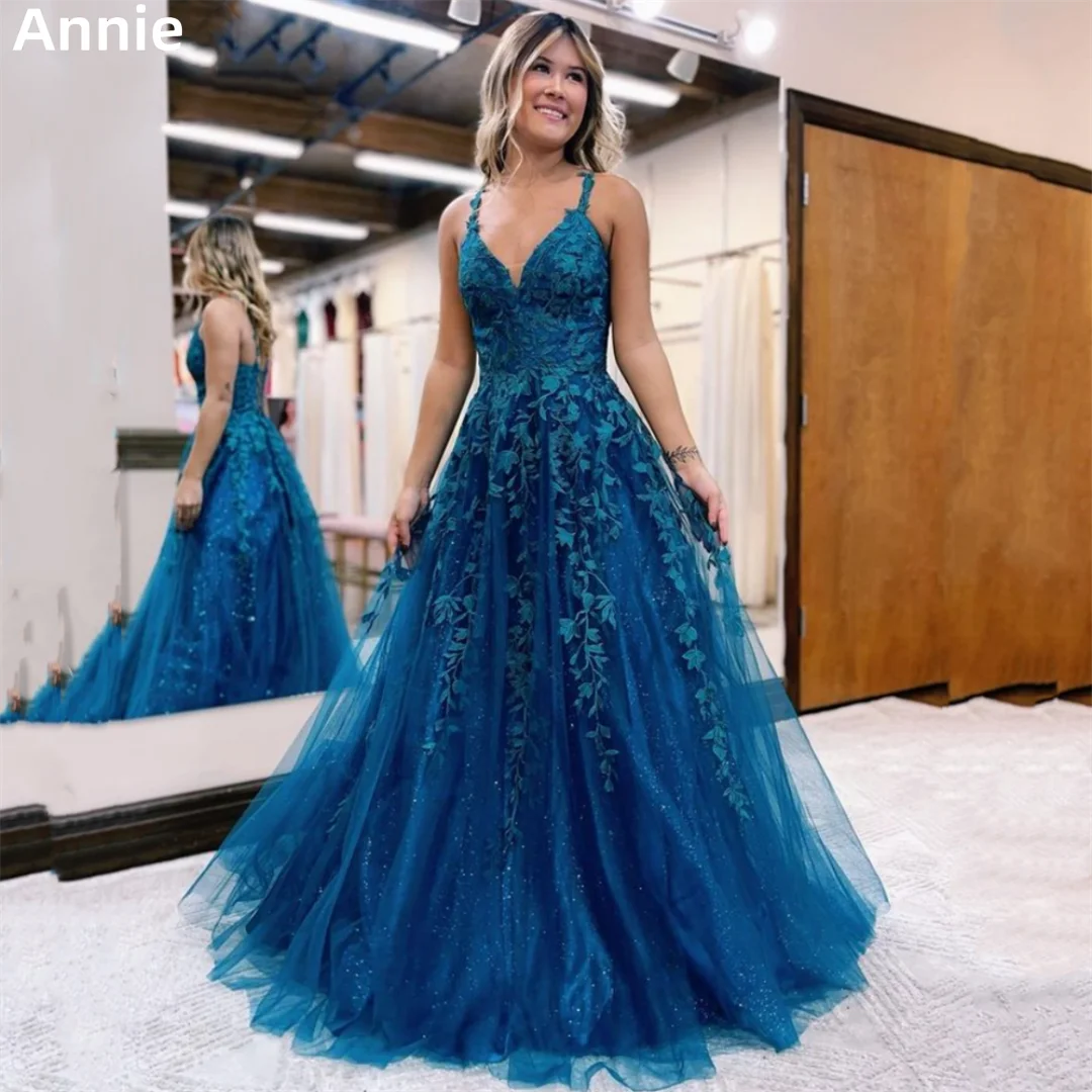 Выпускные платья с кружевной вышивкой ручной работы Annie, темно-синее вечернее платье, Корсет 2023 A-образной формы для официальных мероприятий, Vestidos De Noche