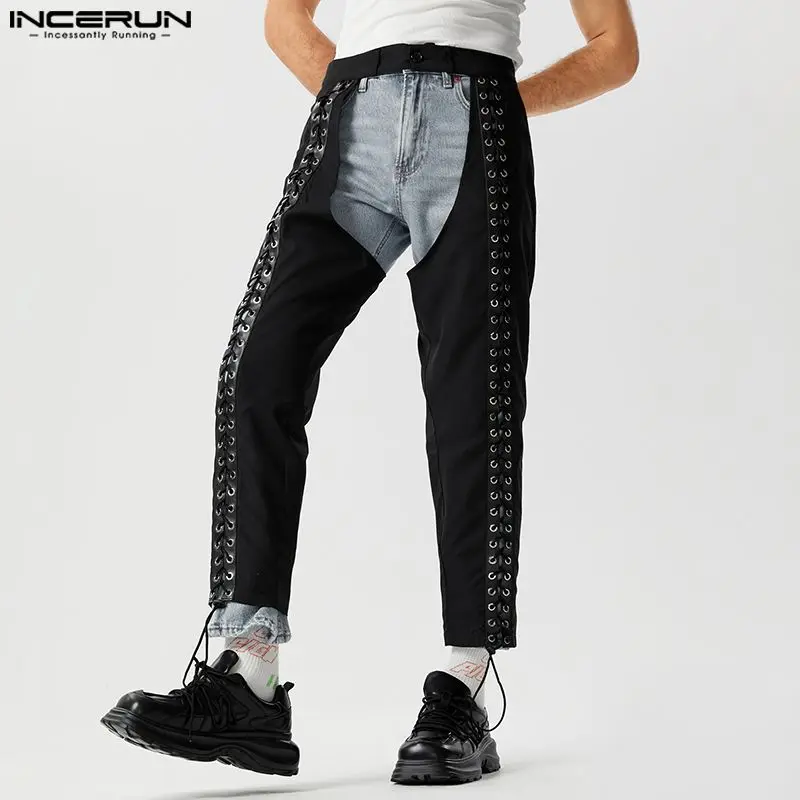 INCERUN 2023 Мужские брюки в американском стиле, персонализированные панталоны с полым дизайном, модные мужские длинные брюки с завязками на ремешках S-5XL