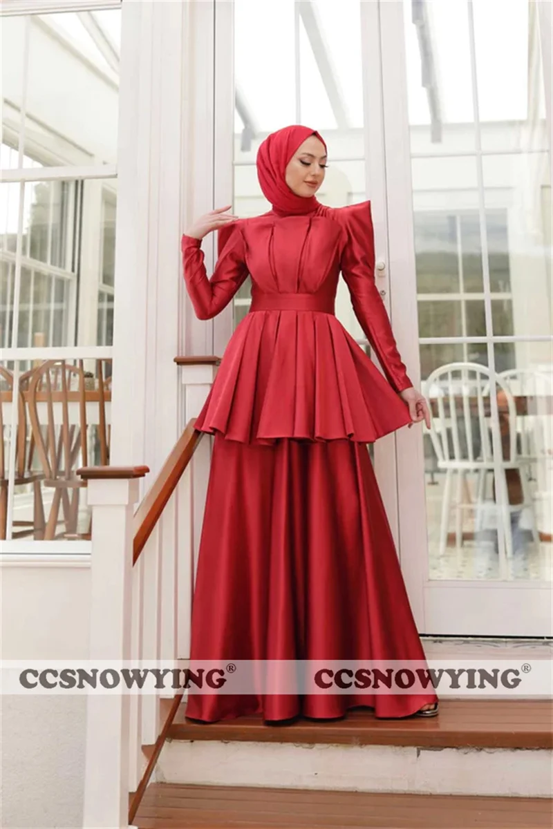 Модные Многоуровневые Мусульманские вечерние платья с длинным рукавом и высоким воротом из атласа для официальных вечеринок, Хиджаб Для женщин, Арабский Кафтан, Халат