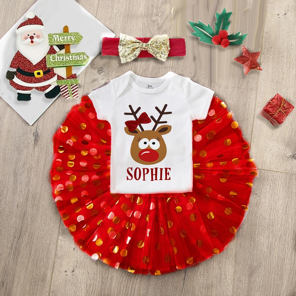 Персонализированный Олень с именем, Рождественский Детский боди, юбки-пачки, комплект для детского торта, наряд, комбинезон для девочек, рождественская одежда для малышей