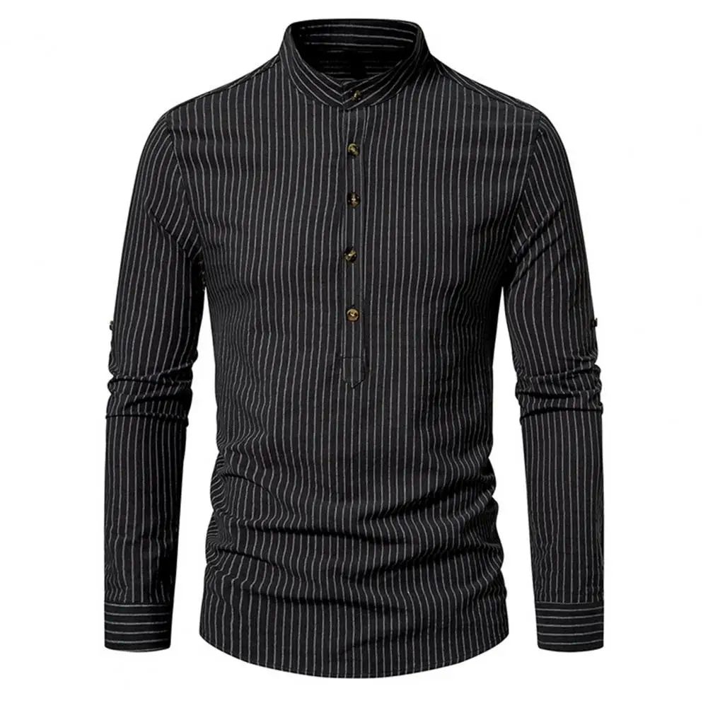Мужская рубашка в полоску, мужская полосатая приталенная деловая рубашка со стоячим воротником и длинным рукавом, дышащий формальный топ на осень