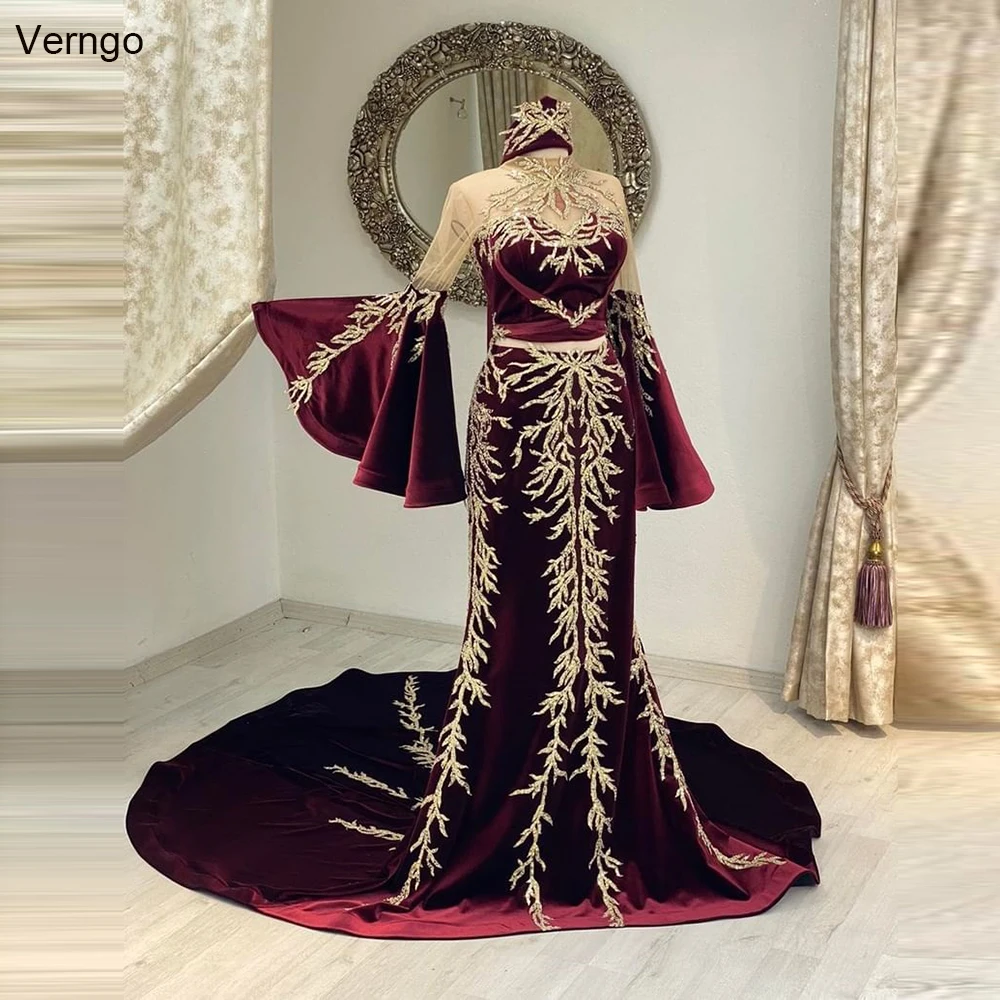 Verngo Арабское вечернее платье Русалки, Бархатные платья для выпускного вечера с блестками, Высокая шея, Длинные рукава, Алжирское вечернее платье Караку 2024