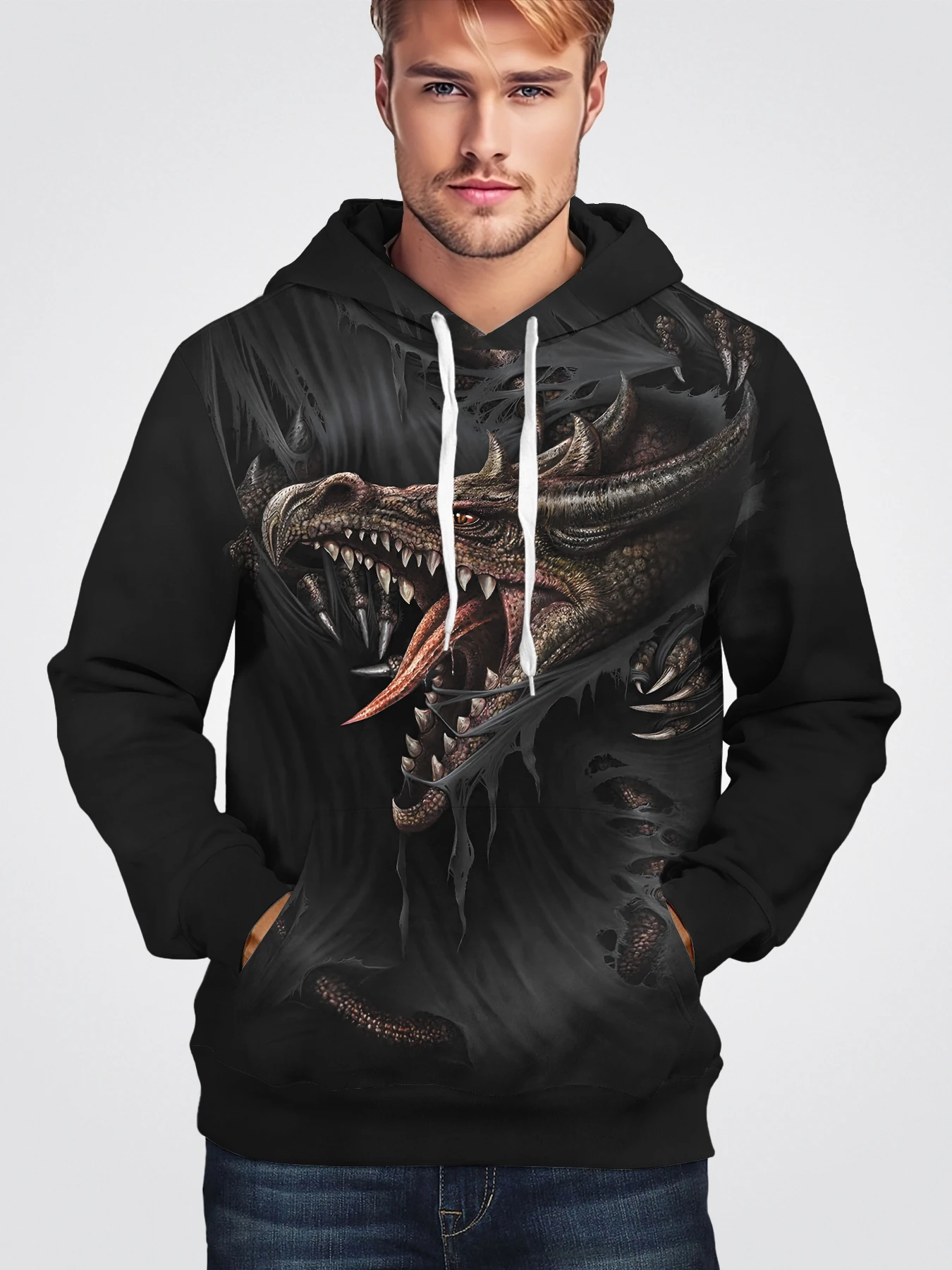 Популярная мужская толстовка с капюшоном с рисунком дракона, модный рваный топ с цифровой печатью всего тела