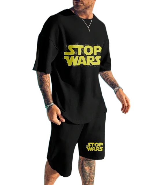 Модный летний мужской комплект спортивной одежды Stop Wars, футболка + шорты, уличная одежда с круглым вырезом и принтом из двух предметов, мужской спортивный комплект