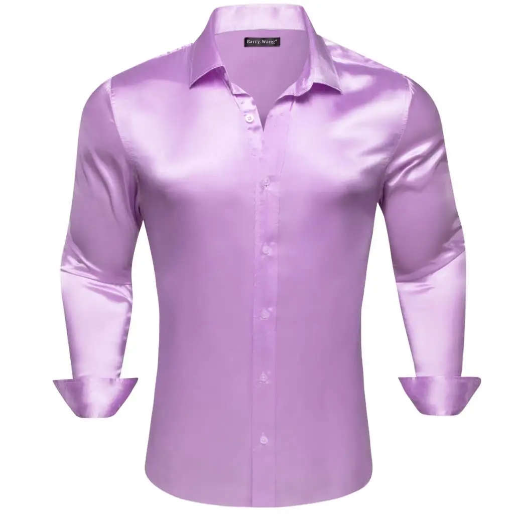 Дизайнерские шелковые мужские рубашки из мерсеризованного фиолетового однотонного атласа с длинным рукавом, Повседневные деловые Приталенные мужские блузки, топы Barry Wang