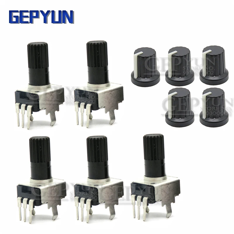 5 Комплектов RV09 Вертикальный Регулируемый резистор 1K ~ 500K Ом 9-го типа 3-контактный Потенциометр уплотнения для Arduino с крышкой ручки Gepyun