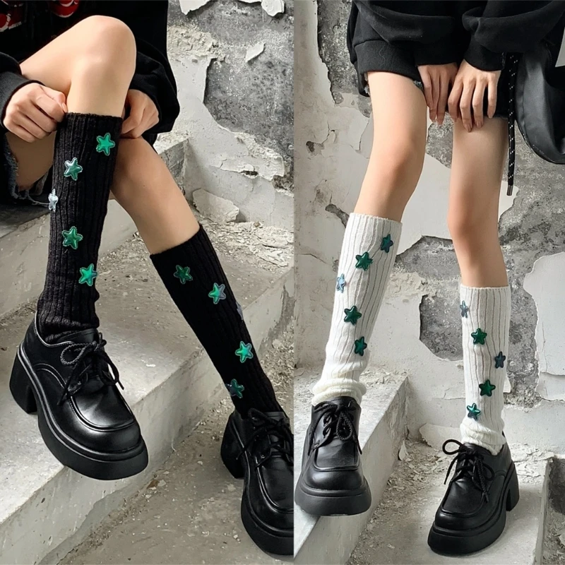 Женские трикотажные манжеты для ботинок в рубчик, Y2K, нашивки со звездами в стиле Харадзюку для девочек, теплые чулки для ног