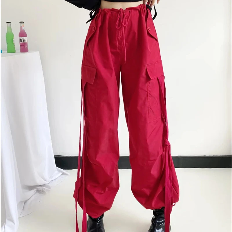 Женские брюки-карго Y2K на завязках, однотонная Свободная уличная одежда с низкой талией, мешковатые спортивные брюки, женские брюки-парашют в складку в стиле панк