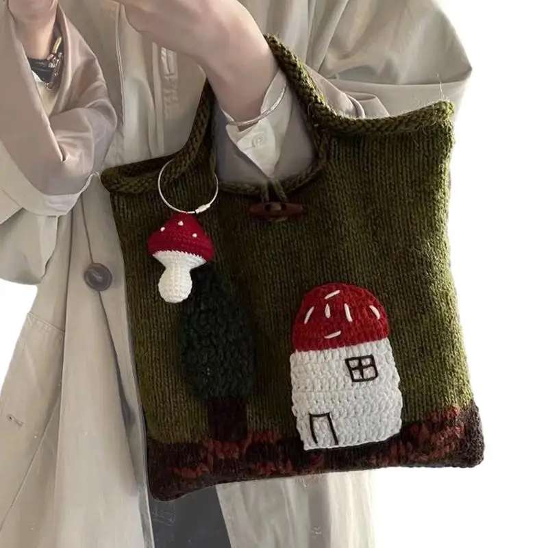 Вязаная крючком сумка-тоут, дизайн Грибного домика, вязаная ручная сумка в стиле ретро, модные повседневные сумки для женщин, дам