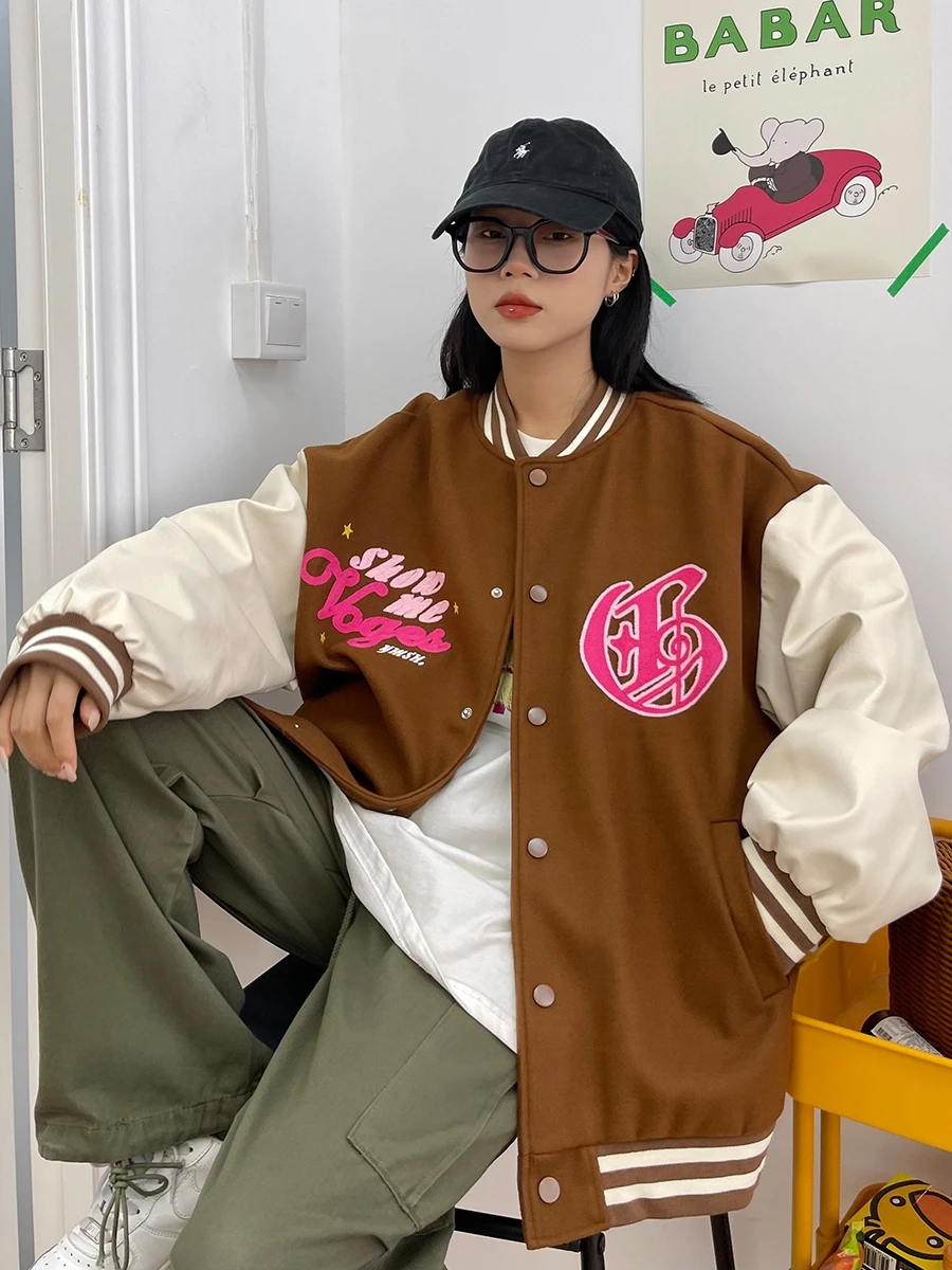Осенняя новая уличная куртка с цветочным рисунком, мужская хип-хоп Harajuku, негабаритная, с мультяшной вышивкой, в стиле пэчворк, пара бейсбольных пальто, уличная одежда