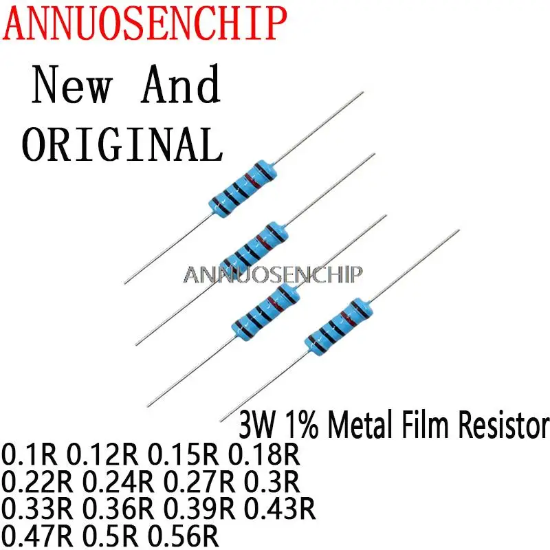 10ШТ 3 Вт 1% Металлический Пленочный резистор 0.1R 0.12R 0.15R 0.18R 0.22R 0.24R 0.27R 0.3R 0.33R 0.36R 0.39R 0.43R 0.47R 0.5R 0.56R 