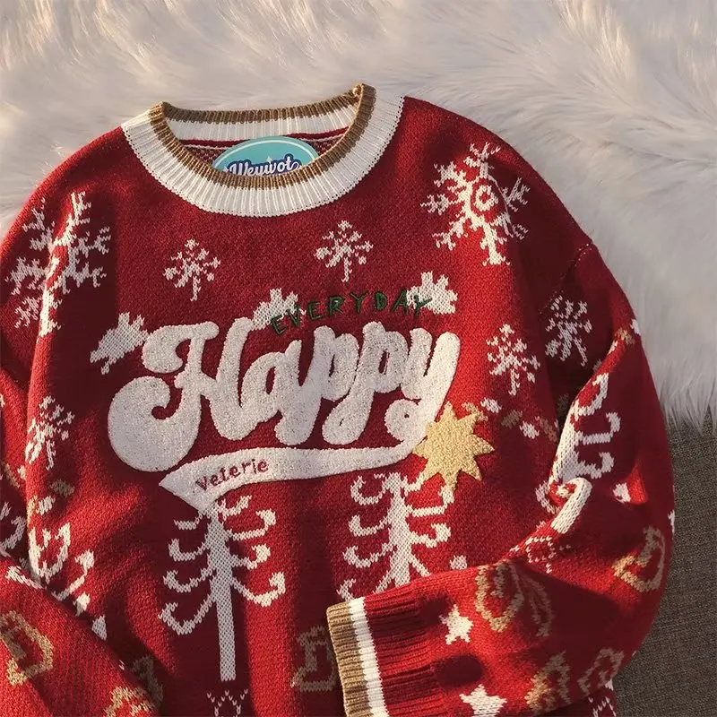 Осенне-зимний Новый Винтажный свитер, Универсальные Рождественские пуловеры с круглым вырезом, Винтажная пара, Новогодний Забавный красный топ