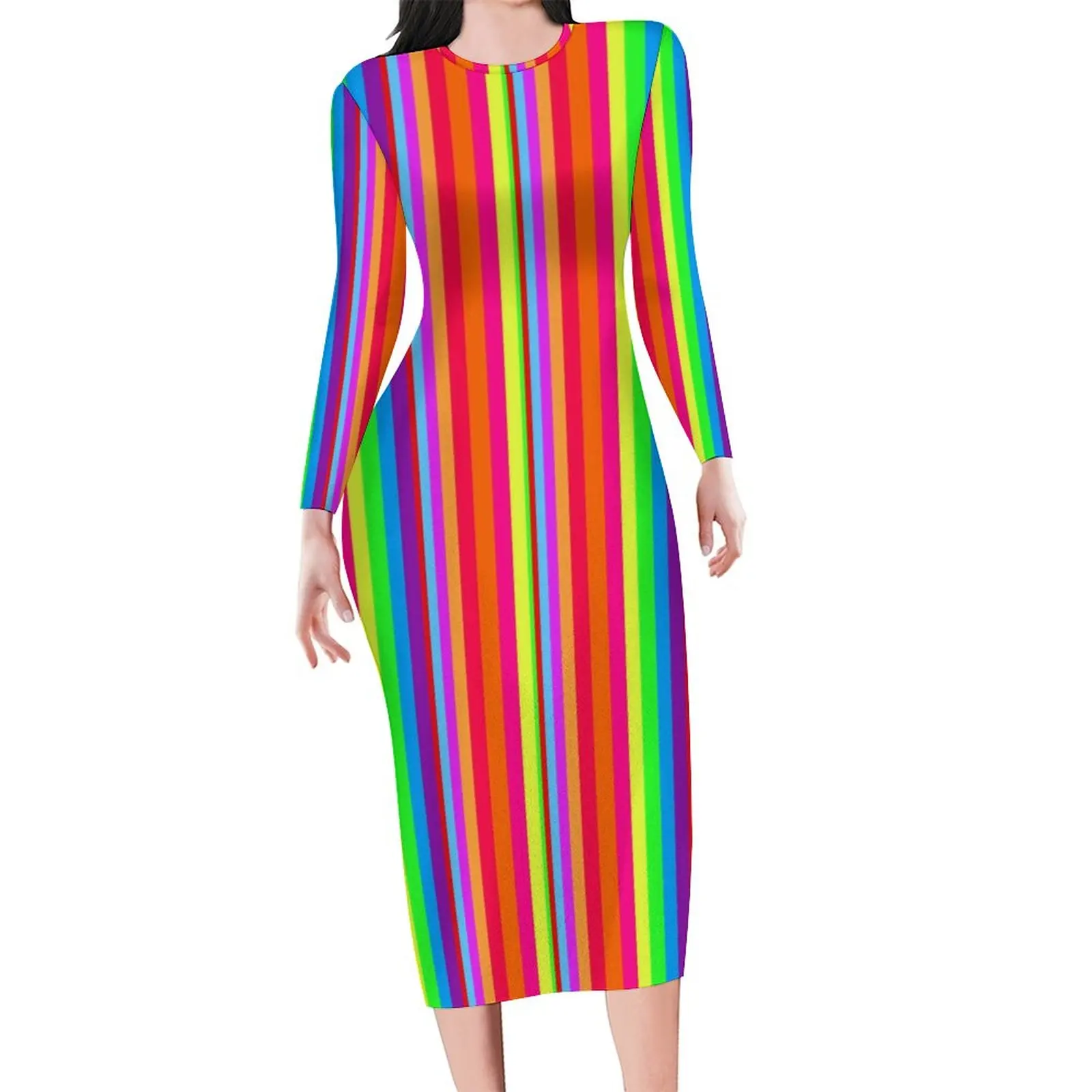 Платье в радужную полоску с длинным рукавом Joyous Pride Уличная одежда Платья Весеннее Элегантное облегающее платье женского дизайна Oversize Vestido