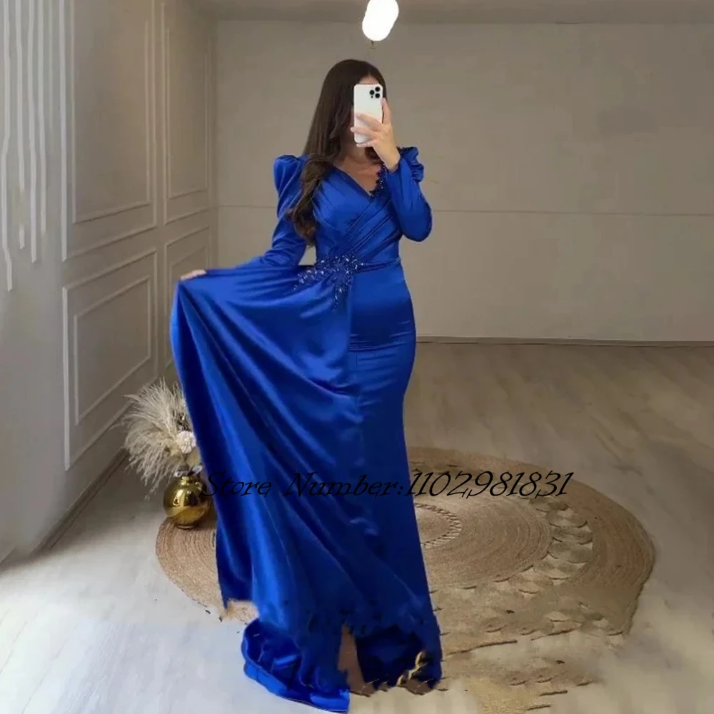 Роскошное синее вечернее платье в арабском стиле Русалки с длинными рукавами, новые Королевские Элегантные атласные вечерние платья для официальных вечеринок в Дубае для женщин
