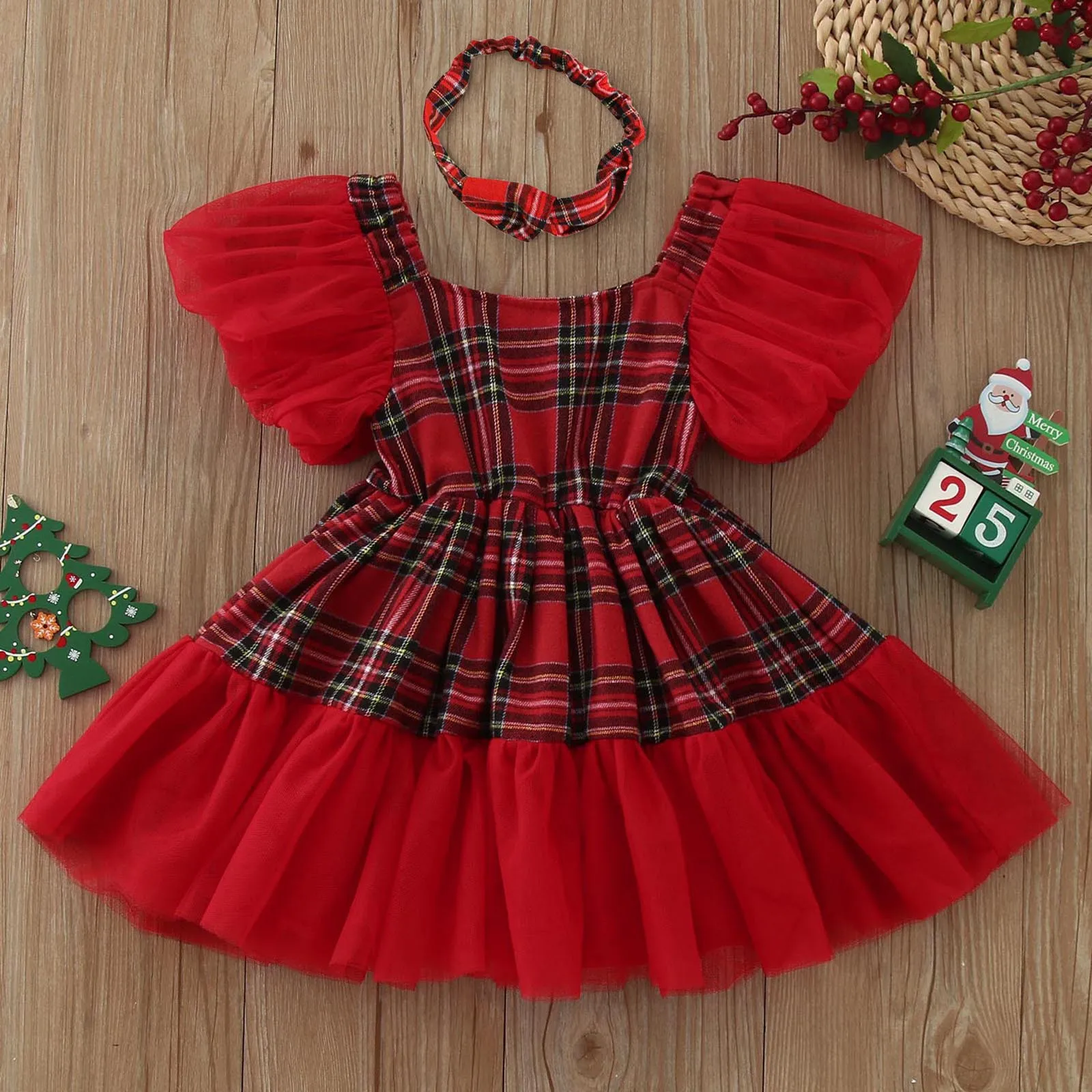 Рождественское платье для девочек от 1 до 5 лет с коротким рукавом, красное Рождественское платье-пачка из тюля в клетку с принтом, карнавальные вечерние платья
