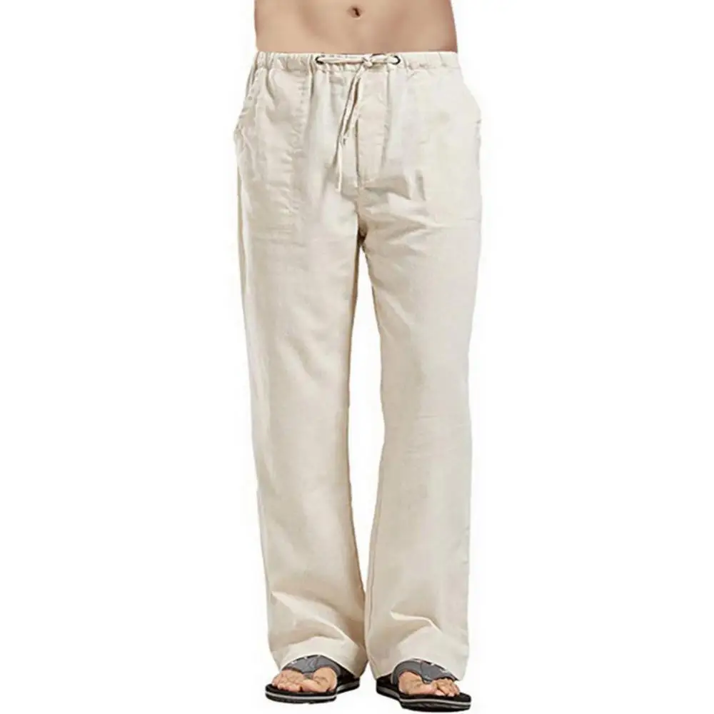 Летние мужские однотонные льняные брюки с несколькими карманами, Прямые повседневные брюки большого размера, дышащие Легкие Свободные брюки Мужские
