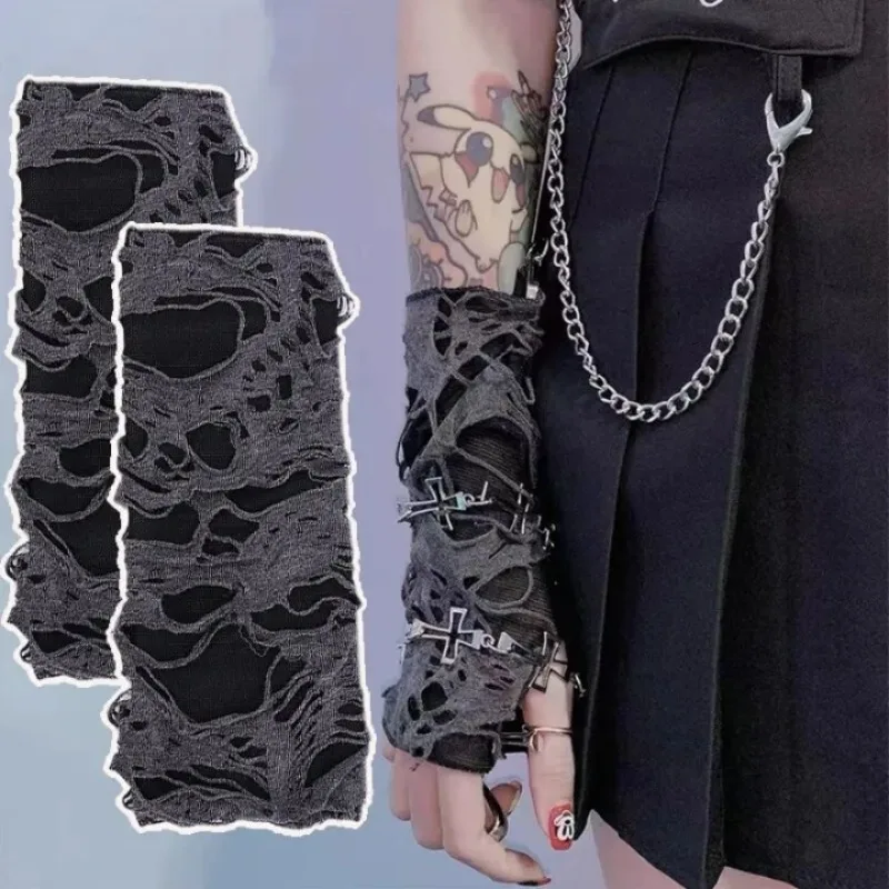 Готические черные длинные перчатки без пальцев унисекс в стиле панк, перчатки с отверстиями на полпальца, грелка для рук, аксессуары для костюмов Нищего, косплей, Хэллоуин