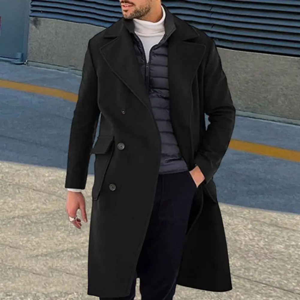 Двубортное мужское пальто, Мужское пальто с карманом, Стильное мужское двубортное пальто средней длины, теплое для осени /зимы