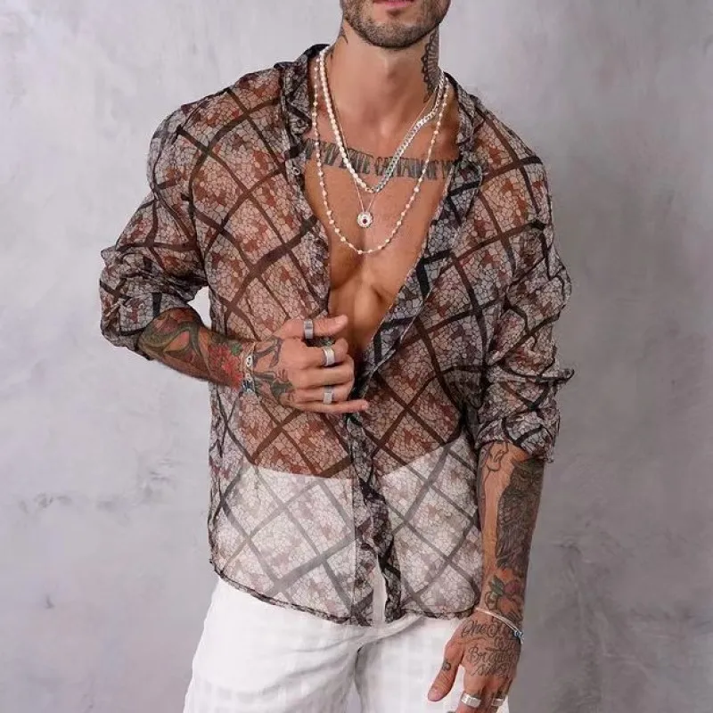 Перспективная мужская рубашка, сексуальный повседневный мужской топ свободного кроя с принтом большого размера и длинными рукавами в цветочек