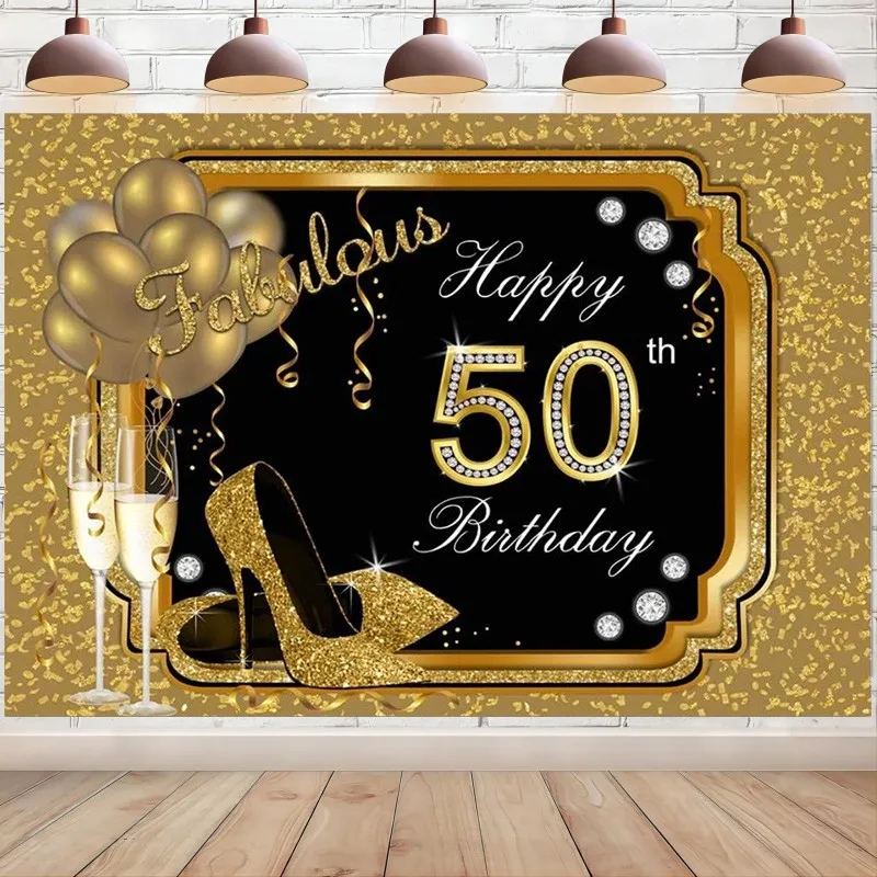Фон с 50-летием, черно-золотой Фон для фотографий, блестящие фотографии на высоких каблуках, Сувениры для вечеринки в честь пятидесяти летия