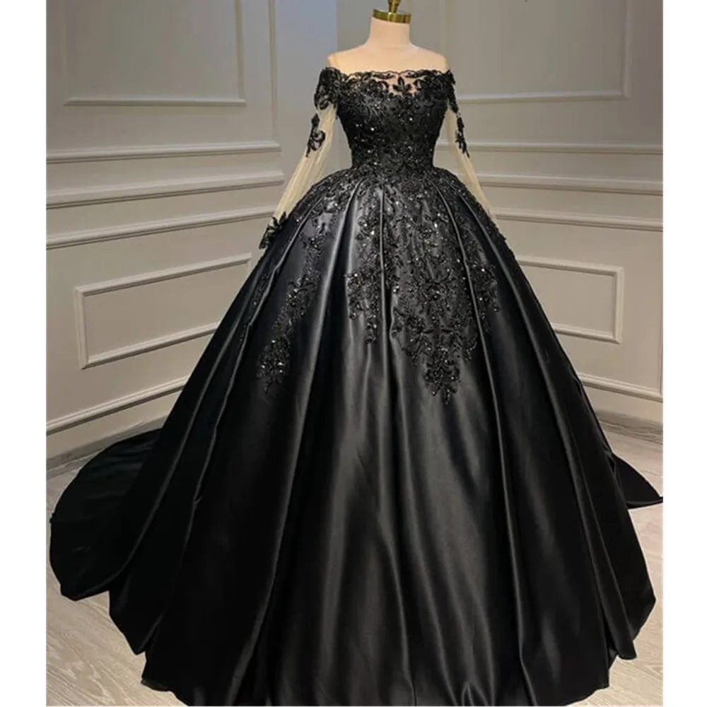 Черное Атласное Бальное Платье Принцессы С Открытыми Плечами, Пышные Платья С Аппликацией Из Бисера, 3D Цветок, Накидка Знаменитости YD