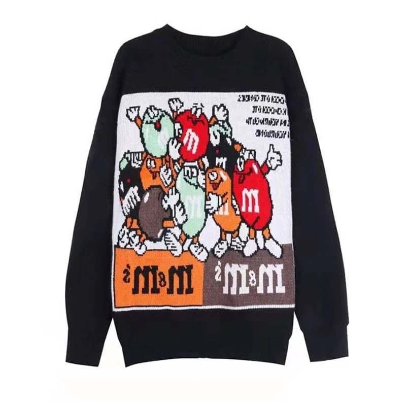 Винтажный вязаный свитер, Мужская вышивка буквой М, Мультяшный пуловер с граффити, Женская уличная одежда в стиле хип-хоп, Верхняя одежда оверсайз, осень-зима