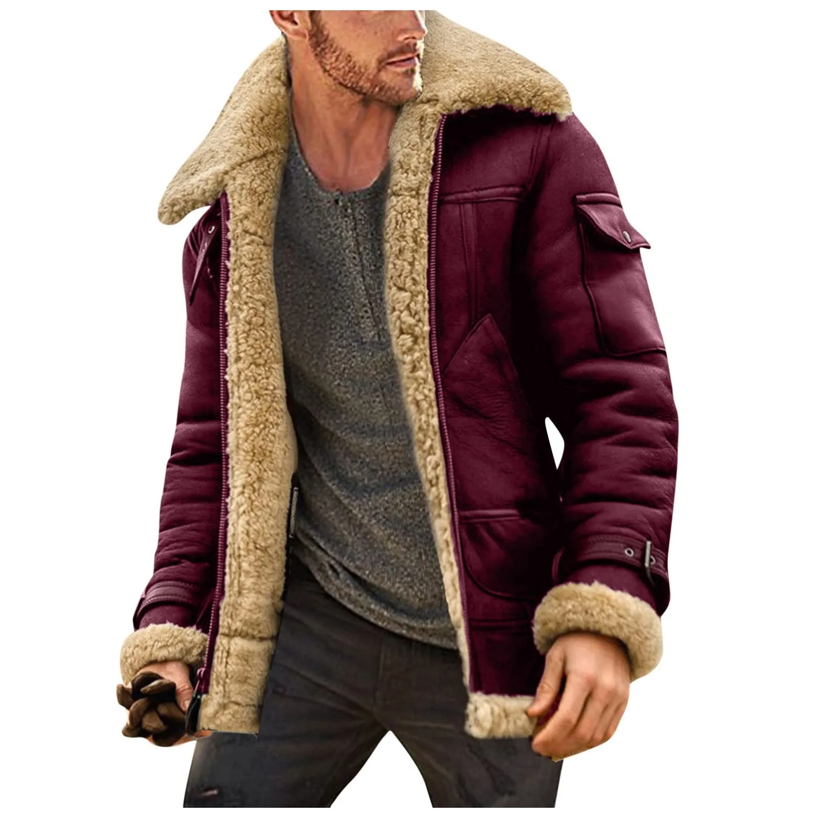 Мужская куртка Утолщенная теплая куртка из искусственной кожи с большими лацканами, цвет Соли, меховая цельнокроеная куртка, флисовое осенне-зимнее модное пальто