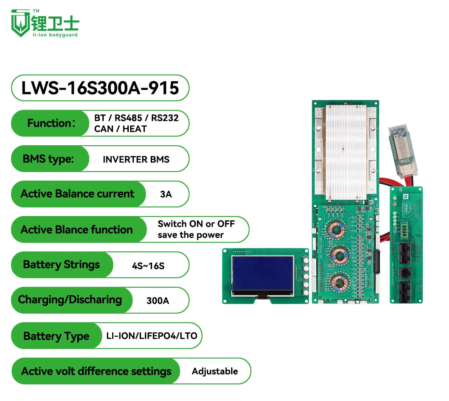 LWS Smart Active Balancer 15S 16S 100A 200A 300A LiFePO4 Li-ion 51,2 V 59,2 V BMS с дисплеем Can RS485 Bluetooth
