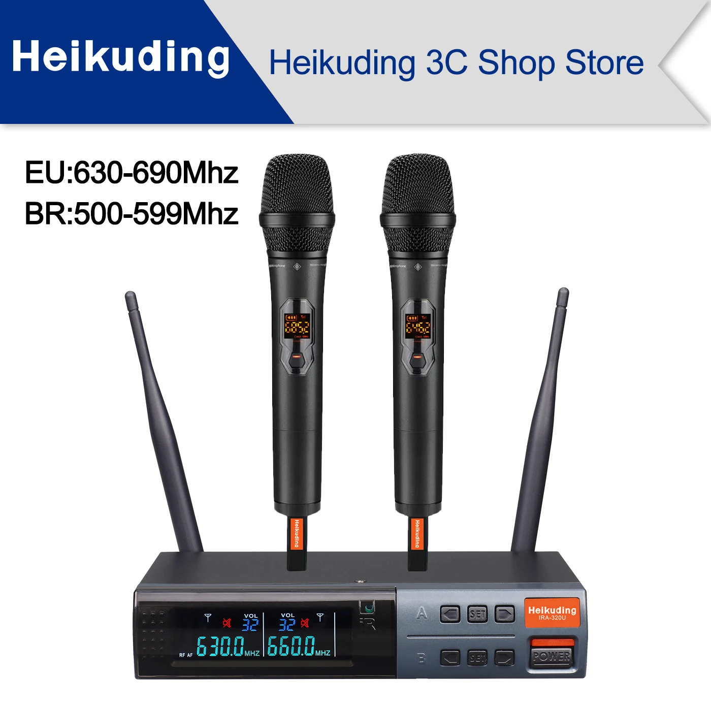 Heikuding IRA-320U 630-690 МГц, 2x100 Регулируемых УВЧ-Каналов, Автоматическое Сканирование, Профессиональный Двойной Беспроводной Микрофон, Динамический Материал