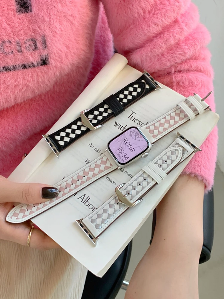Корейский Розово-Белый Плетеный Кожаный ремешок Для Apple Watch 8 6 SE 7 5 4 3 Girl Band Для iwatch 41 мм 49 мм 38 мм 40 мм 42 44 45 мм